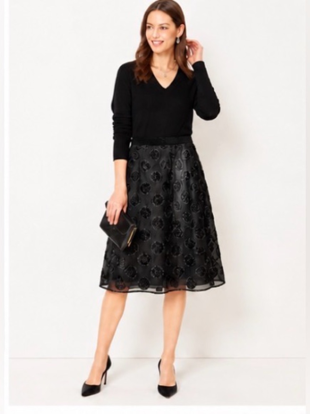 [Talbots RSVP] Black Polka Dot Sheer Overlay Skirt Size 4 Textured A-Line Party - Picture 4 of 9